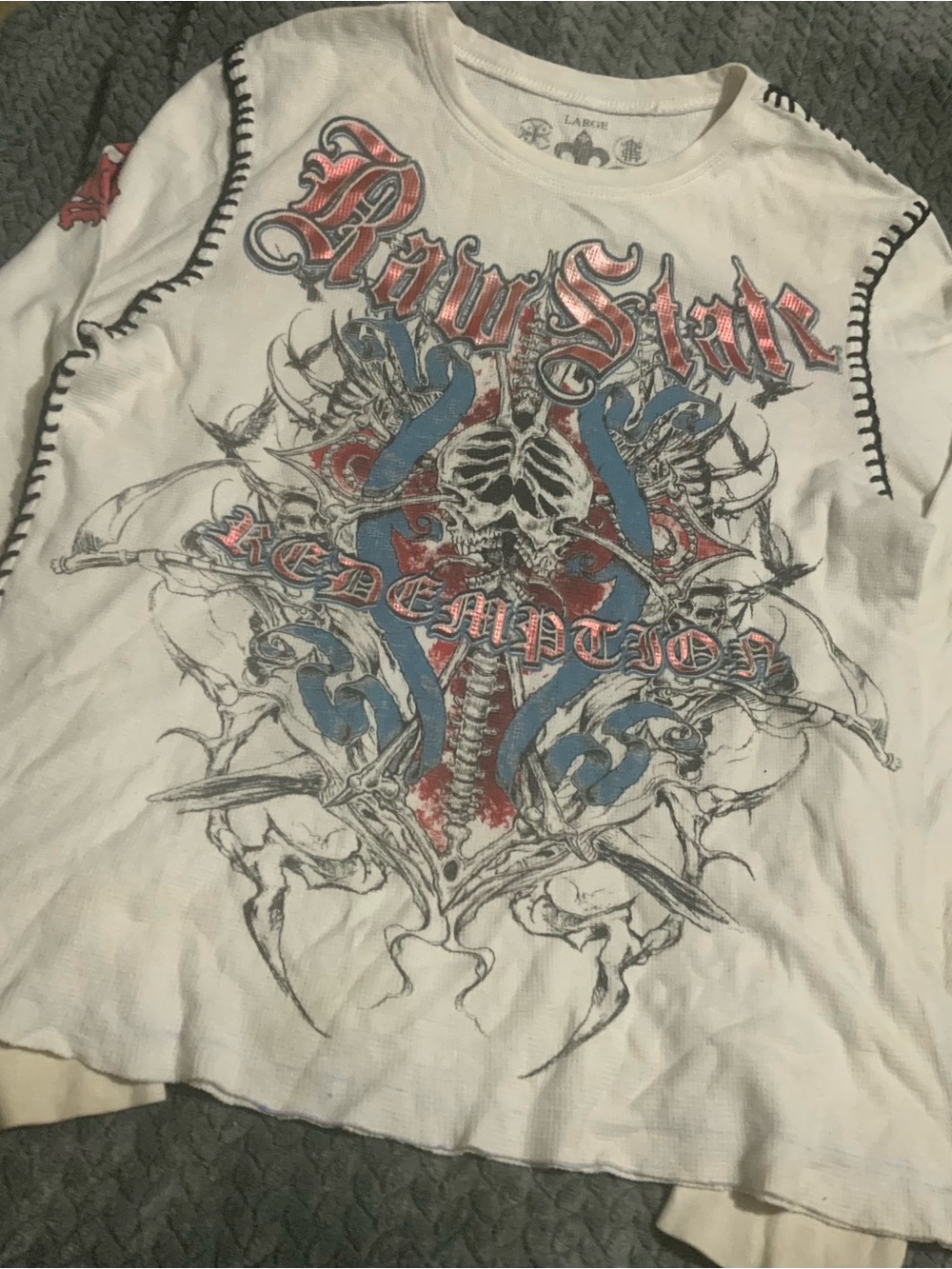 Affliction White Long Sleeve Tee with Red & Blue Graphic